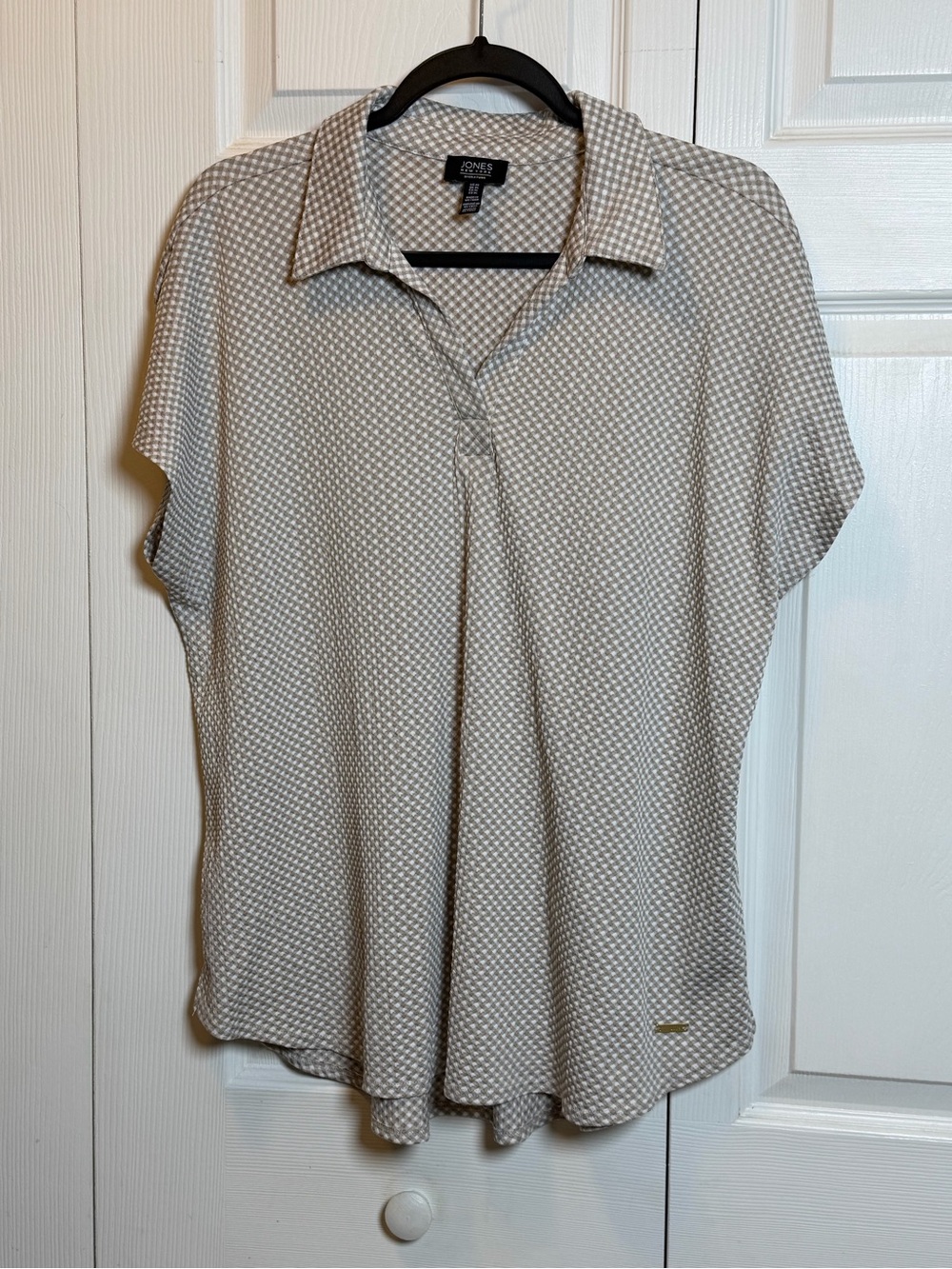 Jones New York Signature Beige Geometric Print Stretch Blouse XL Career Top